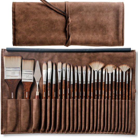 HAGERI 25 Pieces Paint Brushes, Expert Synthetic Nylon Bristles Paint Brush Kit with Palette Knife & Suede Leather Roll, Paint Brushes Set for Oil, Acrylic, Watercolor, Gouache and Detail Paintings