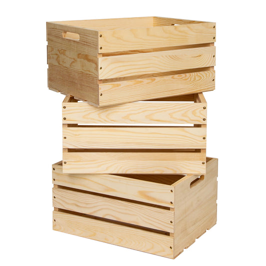 WDECORHOMT 3 Packs Unfinished Pine Wooden Crate (17x13x8.9 Inches), DIY Wooden Storage Crate with Handles, Easy-Assemble Pine Milk Crates Style Organizer for Home/Office/Farmhouse Decor (3)