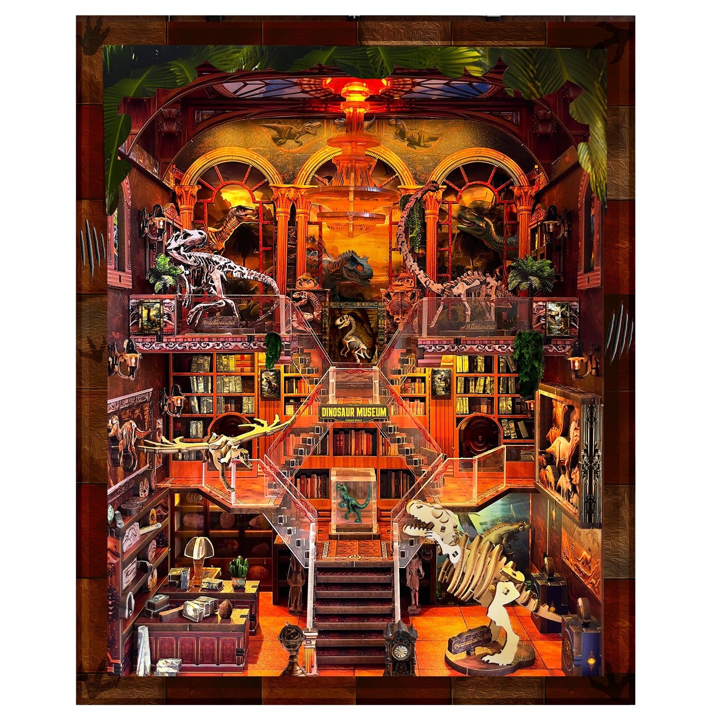 VORATHIS DIY Wooden Puzzle with Night Light, Miniature House Kits, Stunning Bookshelf Insert Decor, Ideal Gift for Holidays, Birthdays, and Home Library Decoration(Dinosaur Museum)