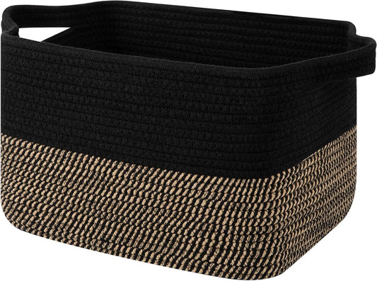 OIAHOMY Woven Storage Basket - Rectangle Cotton Rope Organizer for Toys, Towels & Books | 13 x 10 x 9 in, Black & Brown
