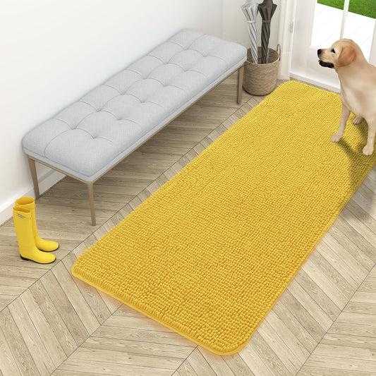 OLANLY Dog Door Mat - Absorbent Non-Slip Chenille Mat for Muddy Paws | 54x24 Inches, Quick Dry, Yellow