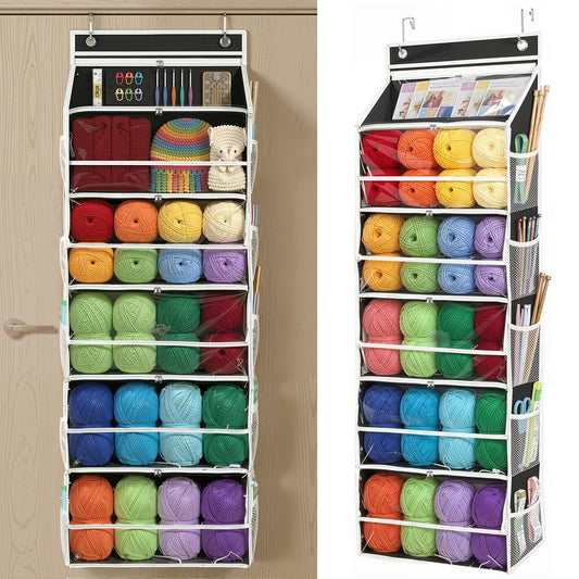 LASTORA Heavy-Duty Oxford Hanging Yarn Storage Organizer with 6 Tiers, Odorless Over the Door Yarn Holder for Crochet and Knitting Lovers, 5 Large Pockets + 1 Tool Section, Black