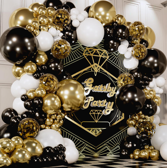 ALL-IN-1 Black White Gold Balloons Garland Kit & Arch – Small and Large Black White and Gold Balloons with Confetti – Black and Gold Party Decorations for Graduations, New Years, Birthday