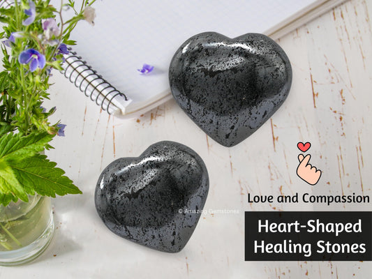 Amazing Gemstone Hematite Crystal Heart Palm Stone - Pocket Massage Worry Stone for Natural Body Chakra Balancing, Reiki Healing and Crystal Grid
