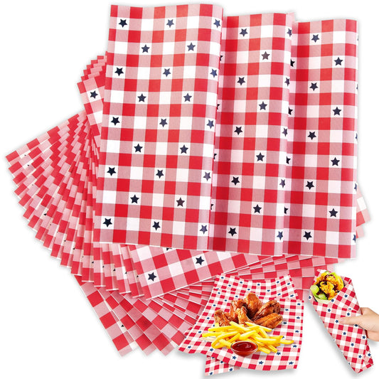 100 Pcs Patriotic Wax Paper for Food, 4th of July Red Plaid Blue Stars Parchment Decorative Oil-Proof Wrapping Basket Liners for Kitchen Party Supplies Cookie Box Dessert Deli Sandwich,9.8 x 9.8 Inch
