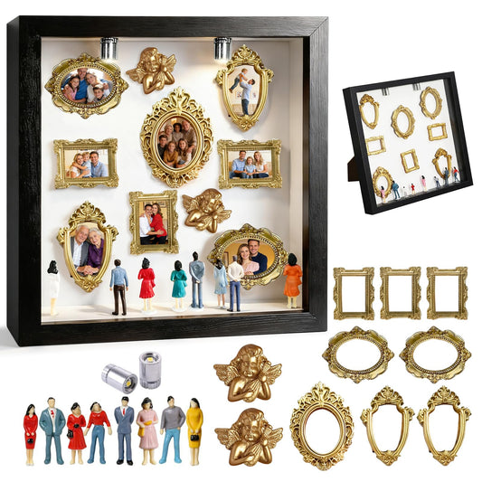 DIY Mini Museum Silhouette Box, Shadow Box Frame Kit with Gold Miniature Frames、Angel & Figurines, Custom Photo Family Memory Display Case Frame Set, for Anniversary, Wedding, Birthday & Home Decor