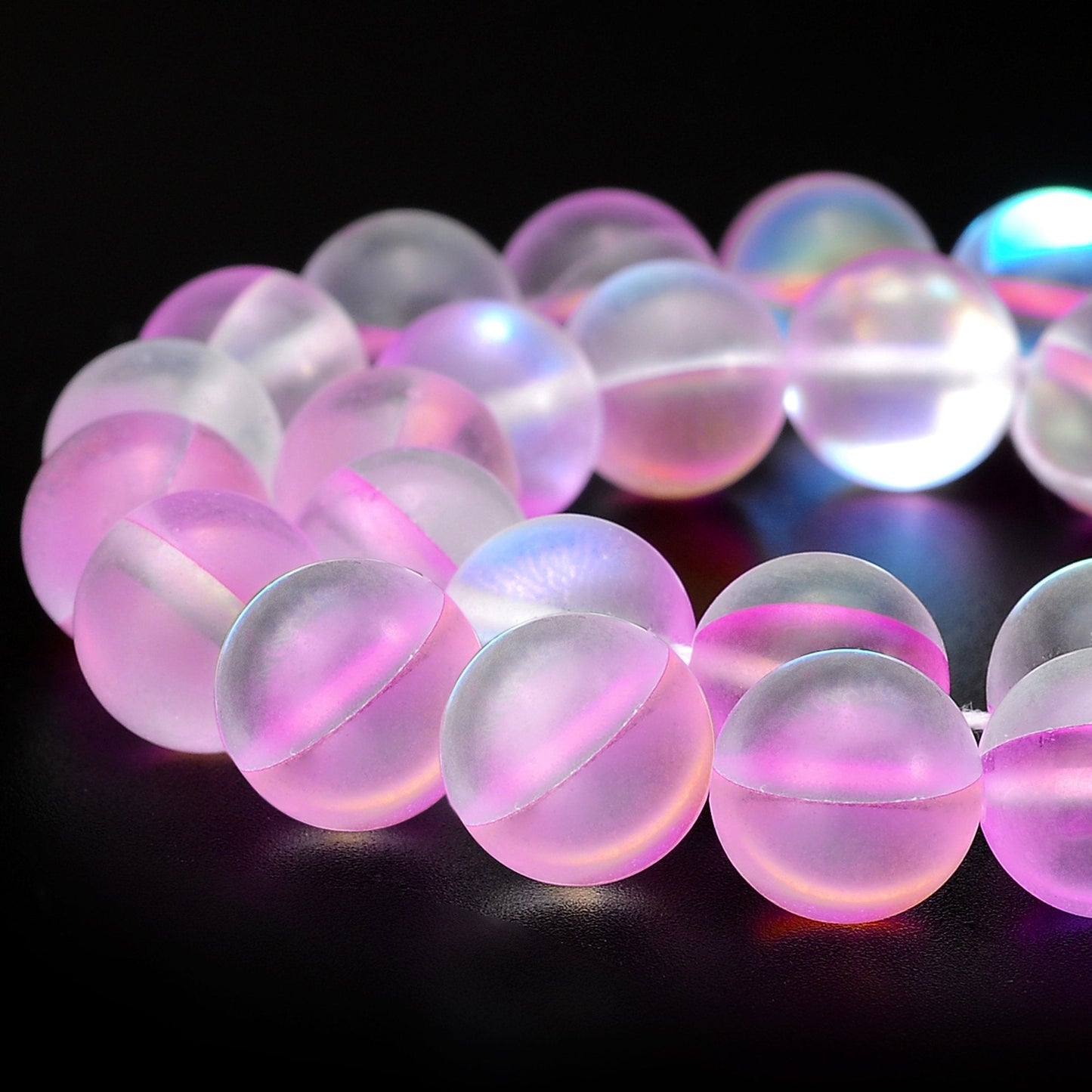 RUBYCA 6mm Round Moonstone Matte Crystal Glass Beads Aura for Jewelry Making Pink, 1 Strand