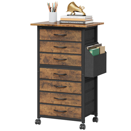 HIGDBFE 7 Fabric Drawers File Cabinet with Side Pocket, Rolling Printer Stand with Storage for Home Office, Wood Top Storage Cabinet for Documents and Crafts, Rustic Brown, 15" D