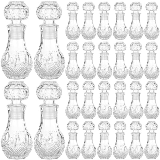 Chuangdi 24 Pcs Mini Glass Wine Bottles 1.7oz Glass Tequila Bottles with Stopper Decorative Tequila Bottle for Whiskey Vanilla Extract Champagne Wedding Baby Shower Party Favors(Round Style)