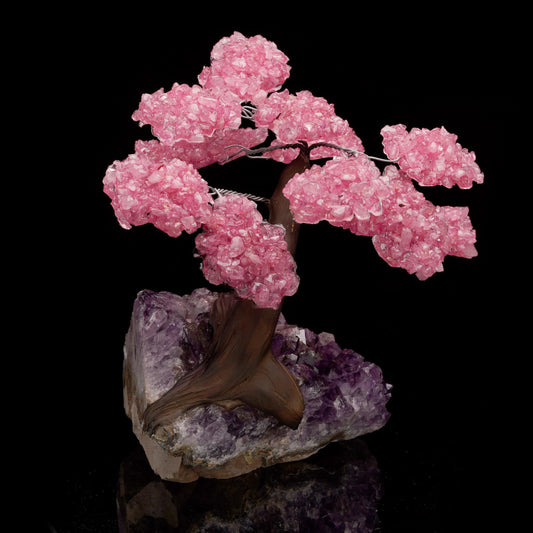 Rose Quartz Gemstone Tree on Amethyst Base, Crystal Tree with Natural Rose Quartz and Amethyst Stone, Decorative Healing Crystal Bonsai Tree