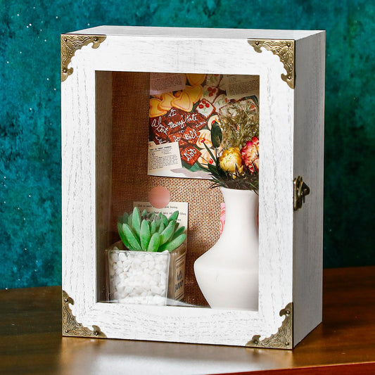 Cinnvoice 8x10 Inch Shadow Box Depth 4.7in Shadow Boxes Display Cases with Cork Board Backing Rustic Burnt Wood Box for Flowers Bouquet Wedding Picture Photo and Keepsake(White)