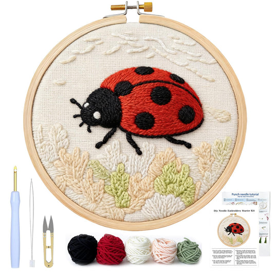 AohaiNova Punch Needle Kits for Adults Beginner,Punch Needle Starter Kit Easy,Embroidery Punch Needling Kits,DIY Punchneedle Kit All Supplies with Wooden Hoop/Patterns/Yarns/Instruction(04-Insect)