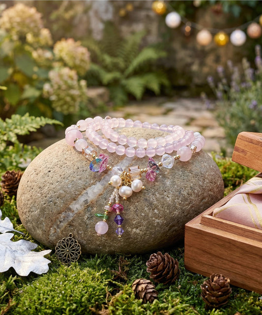 18K Gold Plated Handmade Rose Quartz Wrap Bracelet-Necklace for Women | Natural Healing Stone with Freshwater Pearl & Austrian Crystal | Love Energy Gift