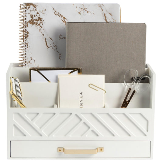 BLU MONACO | White Wooden Desk Organizer & Mail Organizer with Drawer & Gold Handle | Mail Sorter Countertop | 6 Compartments | White Desktop Organizer for Desk