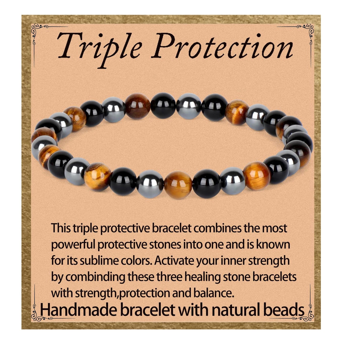 LPBeads Handmade Natural Gemstone Stretch Elastic 6mm Onyx Tiger Hematite Mixed Stone Bracelet Healing Crystal Round Stone Beads Jewelry Gifts for Women Men