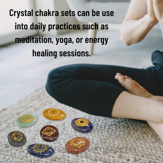 Amazing Gemstone 7 Chakra Oval Set Reiki Healing Crystal with Engraved Chakra OM Symbols Holistic Balancing Polished Palm Stones Set with Velvet Pouch