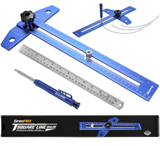 GRENPRO Woodworking Scriber Marking Line Ruler with Carpenter Pencil & Metal Ruler, Adjustable Aluminum Alloy Sliding T-Square Ruler, Measuring Angle Finder with Adjustment Scale,Drawing Aid Rule tool