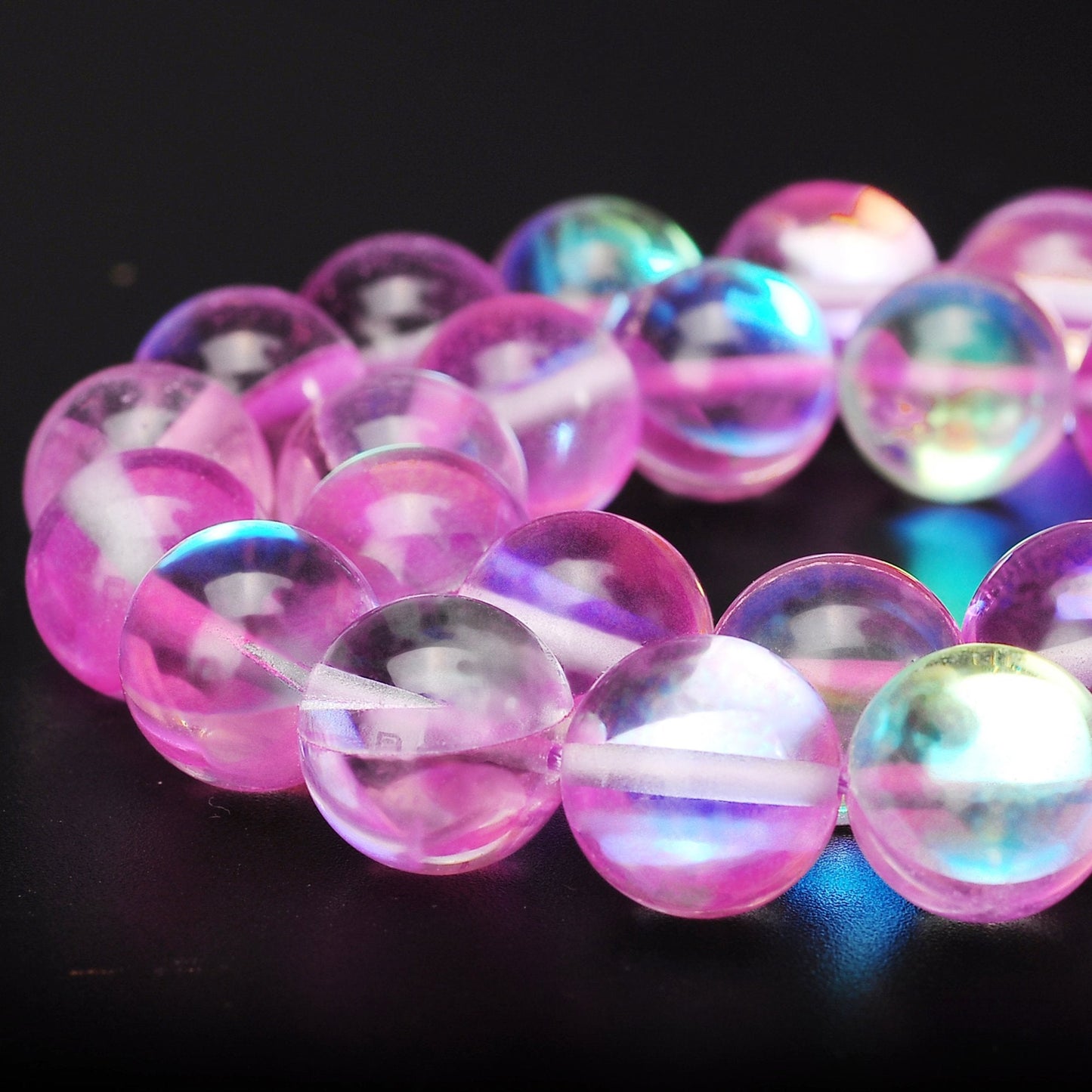 RUBYCA Round Moonstone Crystal Glass Beads Aura Iridescent for Jewelry Making (1 Strand, 10mm, Pink)