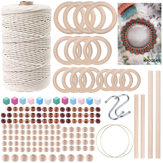 169pcs Macrame Kits for Beginners 3mm x 220yards Natural Cotton Macrame Cord Wall Hanging Kit, Best Macrame Supplies for Macrame Plant Hanger with Wooden Beads,Wooden Rings,Wooden Sticks,S Hooks