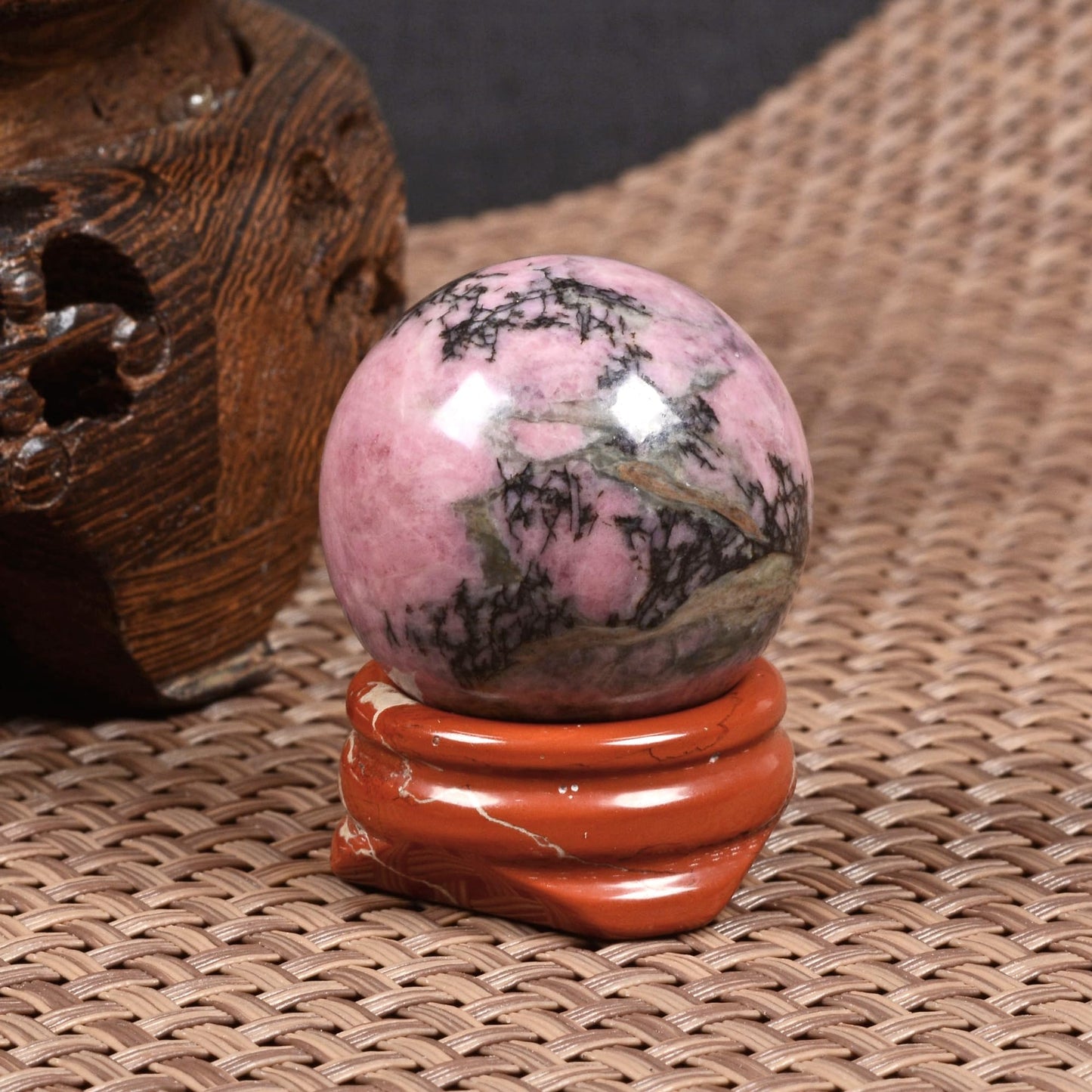 Justinstones Natural Polished Matrix Rhodonite Sphere with Red Jasper Stand – Handcrafted Gemstone 30mm Ball for Energy Healing, Meditation, and Home Décor