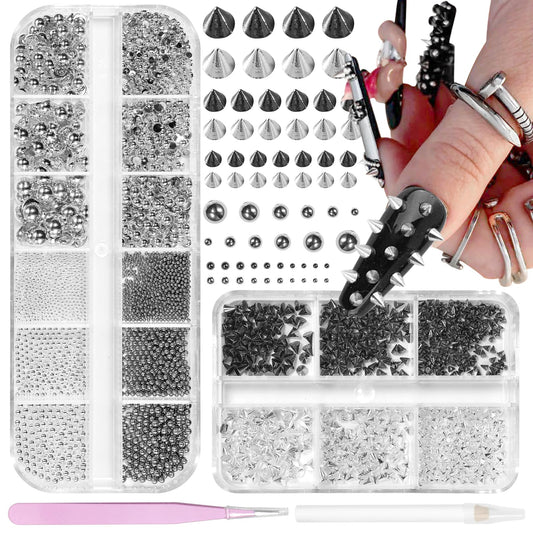 2 Boxes Spike Nail Charms 3D Mini Metal Punk Nail Art Studs, Mixed Sizes Black Silver Cone Spikes Nail Rivets Round Steel Ball, Goth Punk Half ABS Pearls for Nails DIY Accessories