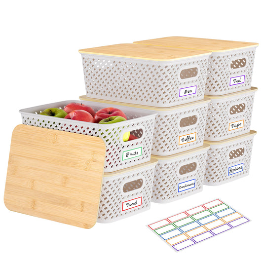 Anysig 8 Packs Plastic Storage Bins with Bamboo Lids - Stackable Storage Bins Decorative Small Basket Containers for Organizing Shelves Office Classroom Desktop Closet, Cream White