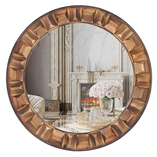 XGGJWW 30 Inch Dark Solid Wood Round Wall Mirror, Brown Wooden Decorative Circle Mirror for Bathroom, Bedroom, Living Room, Entryway, Hallway, or Foyer