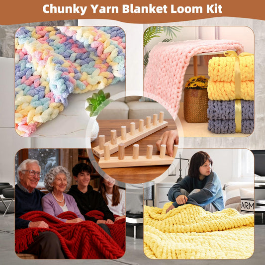 QAMGCYW 75" Chunky Yarn Loom, Beginner Hand Knitting Loom with Detachable Wooden Frame, Adjustable Size No Needles, DIY Blanket Weaving Loom, Premium Wood No Coating