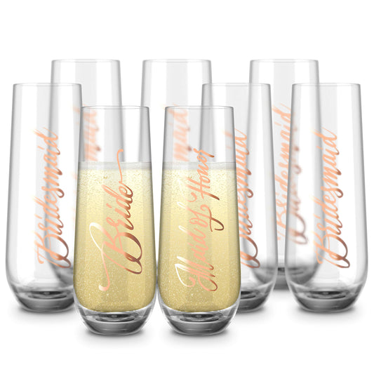 Bridesmaid Wine Glasses, Kook Bachelorette Party Champagne Glasses, 9.4 Oz (Bridal Set of 8), Stemless Glass Champagne Flutes, Cocktail Cups for Rose, Great for Weddings and Parties, Dishwasher Safe