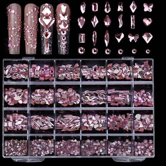 AMLAVIFISH Light Pink Nail Rhinestones, 5380Pcs Flatback Glass Charms Gems Stones, 24 Grids 19 Types of Shaped Nail Art Rhinestones Kit with Tweezers, 6 Sizes for Decoration Face