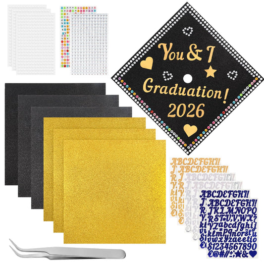 Arivlune Graduation Cap Decorations kit, Includes 6 9.8 X 9.8 Graduation Cap Topper Blank Glitter Cardstock/5 Sheets Rhinestones/6 Alphanumeric Stickers for DIY Graduations Caps Topper