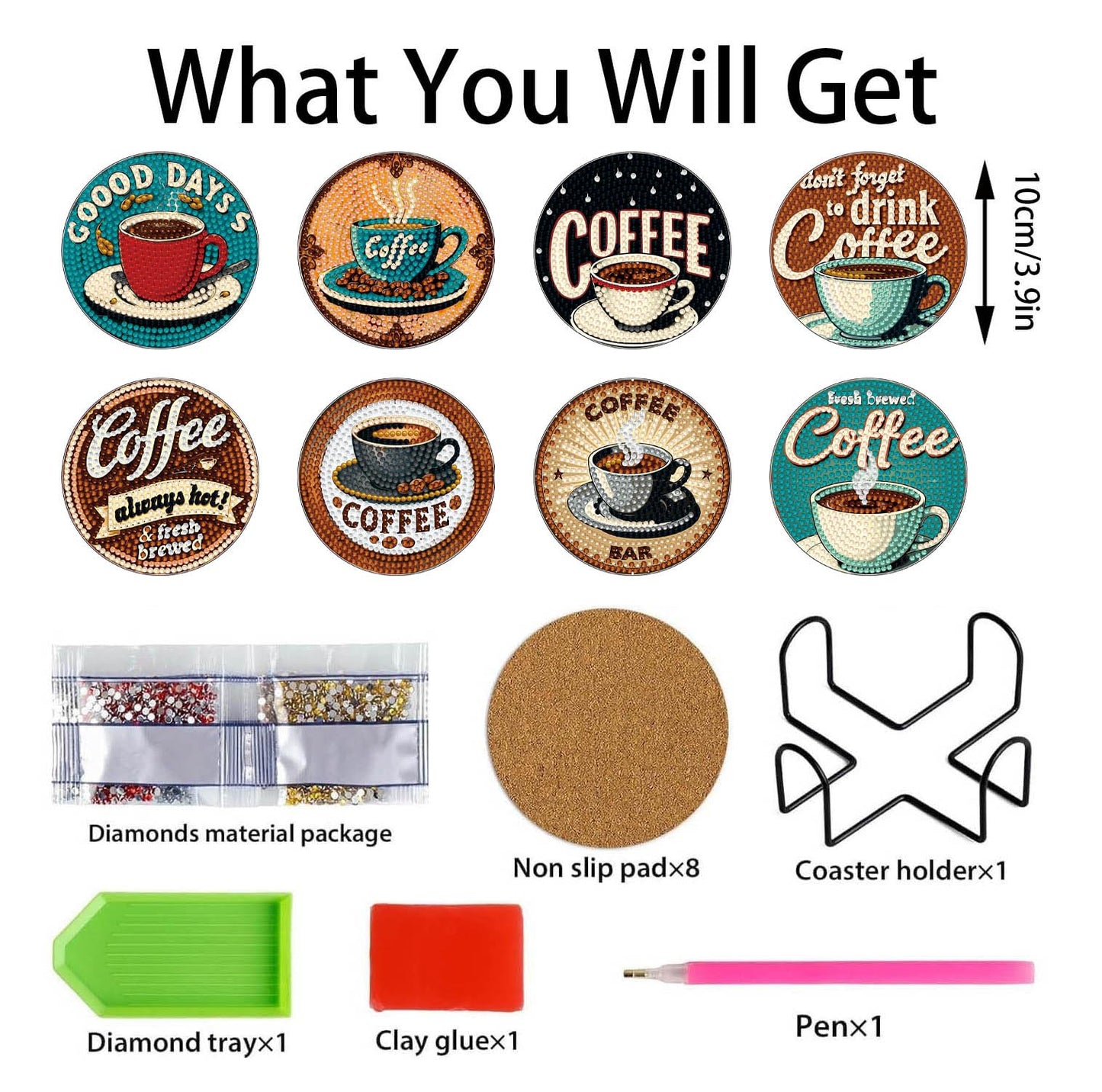 8 PCS Coffee Diamond Art Coasters Kits, Diamond Painting Coasters with Holder Set of 8, DIY Drink Art Crafts Supplies for Adults Cup Mat House Warming Gifts Non-Slip 3.9inch