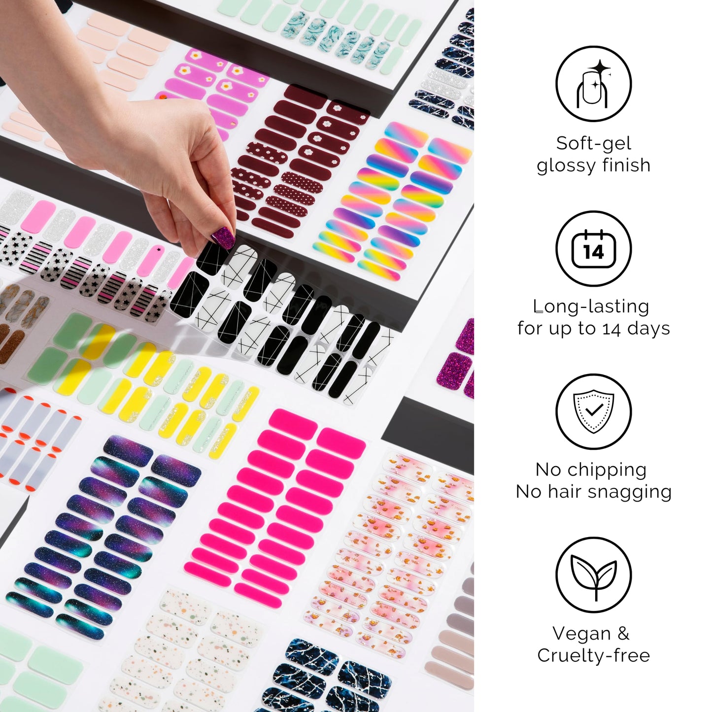 Semi Cured Gel Nail Strips - NAILOG 20 Pcs Pink Flowers Nail Stickers Extra Long Wraps with Glossy Gel Finishing for Spring Summer, Rosette