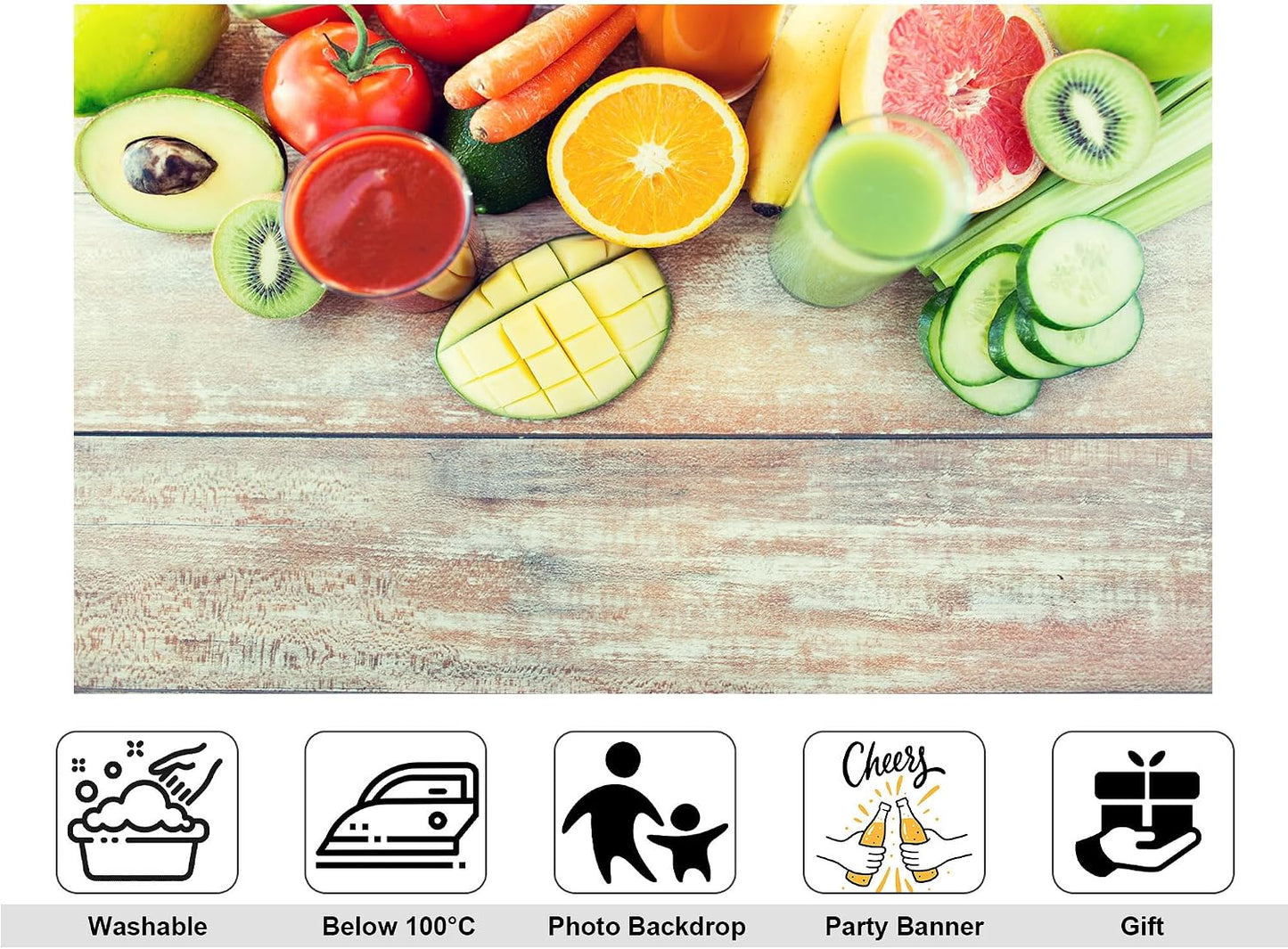 KeyWork 9x9ft Fresh Fruit Smoothie Backdrop Colorful Produce Wooden Table Photography Background for Healthy Themed