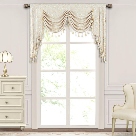 Loom and Mill European Elegant Waterfall Valance for Living Room, Luxury Jacquard Frame Swag Valances with Tassels, Beige Gold Floral Swag Curtains for Bedroom Window Holiday Decor(W59 Inch,1 Panel)
