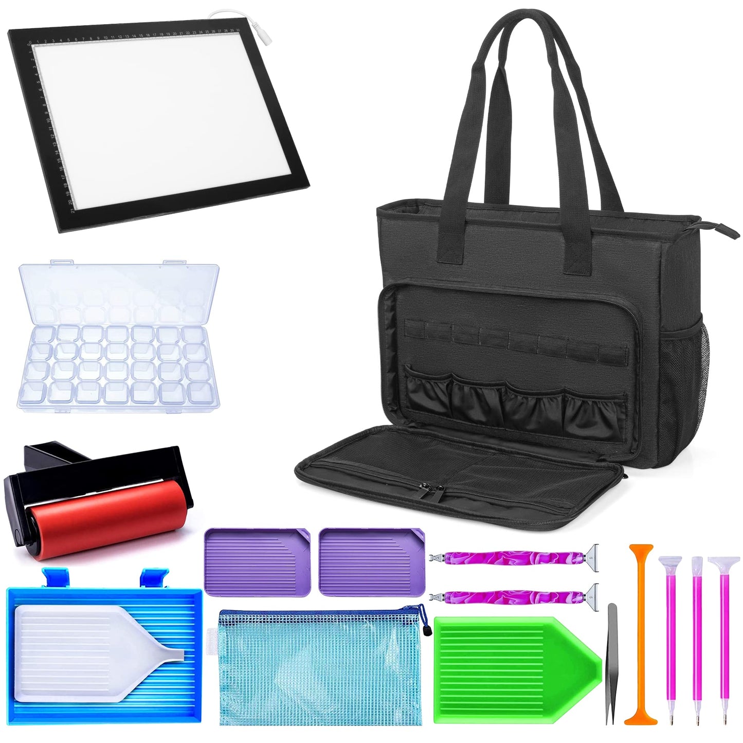 TORIBIO Diamond Painting Tote Bag with Padded Sleeve to Hold A4 Light Pad, Carrying Case for LED Light Pad & Diamond Art Tools/Accessories, 15.4"x12.2"x4.7", Black (Bag Only)