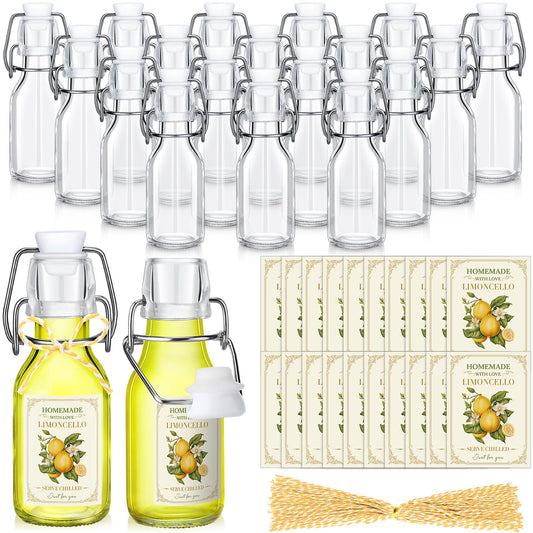 Havawish 20 Sets 4 oz Limoncello Bottles Swing Top Glass Bottles for Homemade Clear Flip Top Mini Limoncello Bottle with Labels Airtight Cap Lids for Home Brewing Gifts Wedding Baby Shower Favors