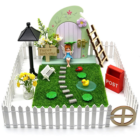 Fairy Door Kit that Opens with Mystery Fairy Figurine and Light-up Street Lamp for Desktop Garden, Opening Wooden Tooth Fairy Door for Wall Miniature Fairy Garden Set 29 Pcs