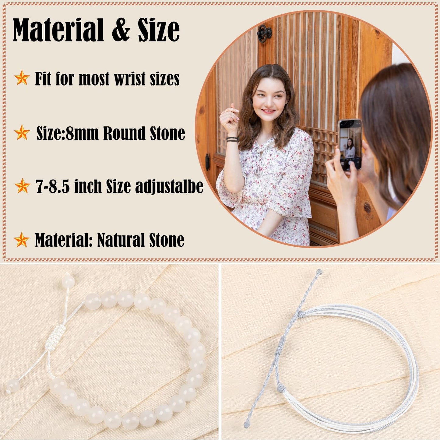 LPBeads 8mm White Jade Bracelet with Handmade Rope Bracelet Size Adjustable Natural Stone Crystal Healing Bracelets Gifts for Unisex Adults