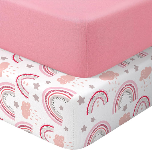 Skiennix Baby Crib Sheets - Soft Microfiber 2-Pack for Standard Crib Mattress | Pink Rainbow & Pink 28x52x8in