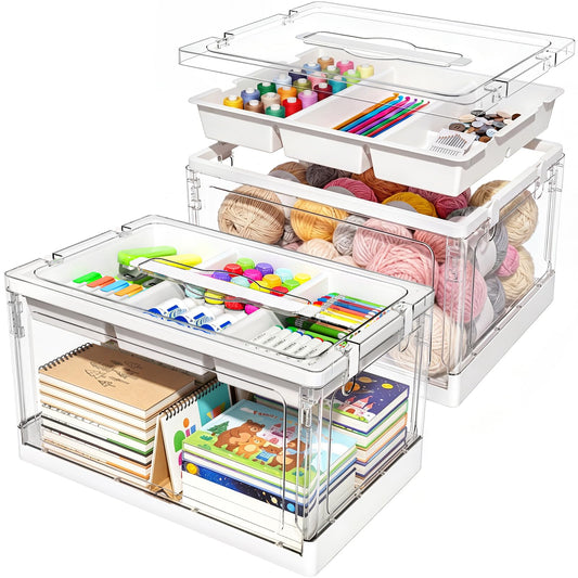 GeeBom 24QT 2Packs Clear Craft Organizers and Storage with Trays, Art Supply Organizer and Storage, Craft Storage Box with Lid for Beads, Markers, Coloring Books, Sewing, Playdoh and Tools