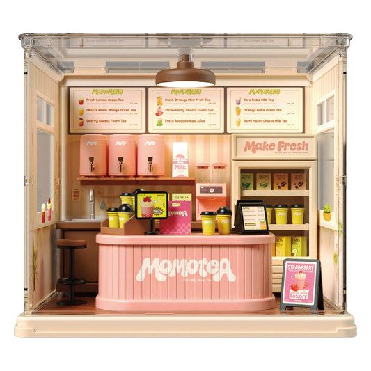 Milk Tea Shop DIY Miniature House Building Toy Dollhouse Set with LED Creator Playset Suitable for Mini Figures Construction Toys Diorama Kit Gifts for Adults
