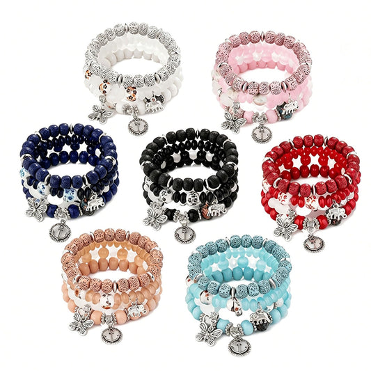 JununGao 7 Pack Bohemian Boho Bracelets for Women Set,Stackable Bracelets, Stretch Multilayer Colorful Beaded Charm Bracelets, Handmade Jewelry.