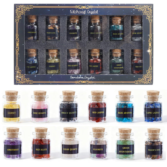 12 PCS Crystals and Healing Stones - Healing Crystal Chips in Jar Witch Stuff Witchcraft Supplies Reiki Crafts for Meditation Therapy Energy Clearing Witch Gift for Beginners