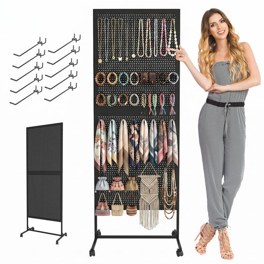 Arbuxzuy 2 x 5.5 Feet Pegboard Display Stand with 10 Hooks, Peg Board Stand with Wheels, Standing Pegboard Display, Metal Freestanding Pegboard Craft Shows Vendors Retail Jewelry Organizer (Black)