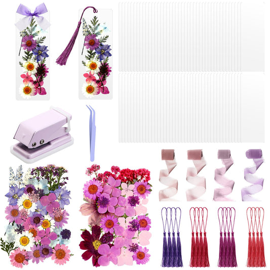 AmazingSpark 222 Pcs Dried Flower Bookmark Making Kit Include DIY Pressed Flower Colorful Tassels Ribbons and Transparent Bookmark Laminating Pouches 2 x 6 Inch(Purple)