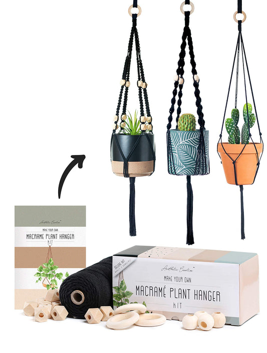 Macrame Kit-Black Edition-Makes 3 Macrame Plant Hangers with Easy to Follow Instructions for Adult Beginners - Includes 109 Yards 3mm Cotton Macrame Cord, Wooden Beads & Custom Instruction Booklet