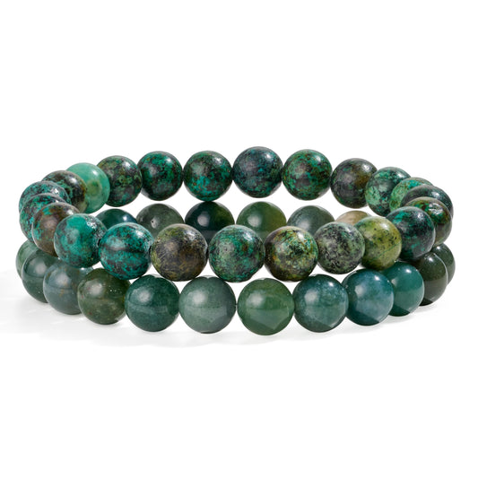 Bivei Natural Gemstone Semi Precious Crystals Handmade Stretchy Round Beads Bracelet, Enhance Positive Energy,Stocking Stuffers for Women(Moss Agate & African Turquoise(Peace & Prosperity) Medium)