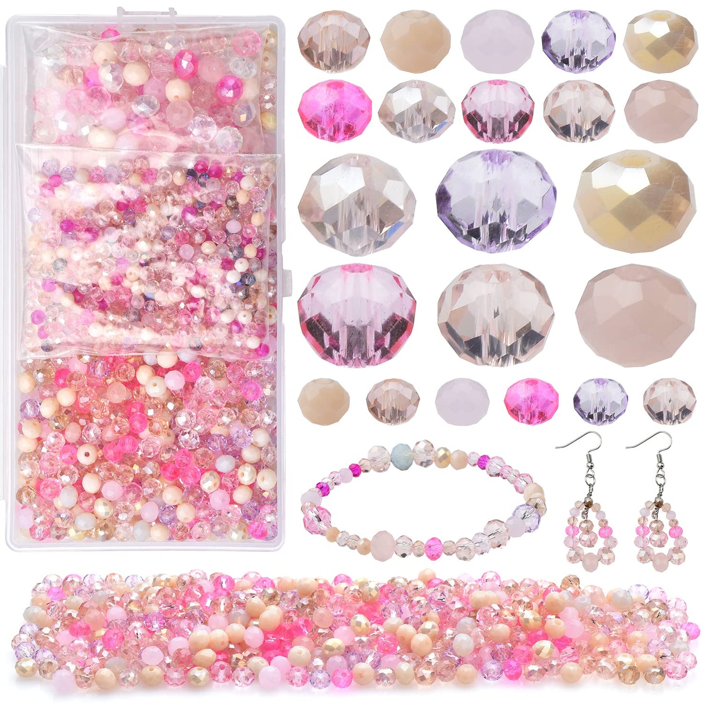 KINGSHINE 1000pcs 4/6/8mm Rondelle Glass Beads for Jewelry Making,Electroplate Round Shaped Crystal Spacer Beads Assorments for Bracelet Necklaces DIY Pink