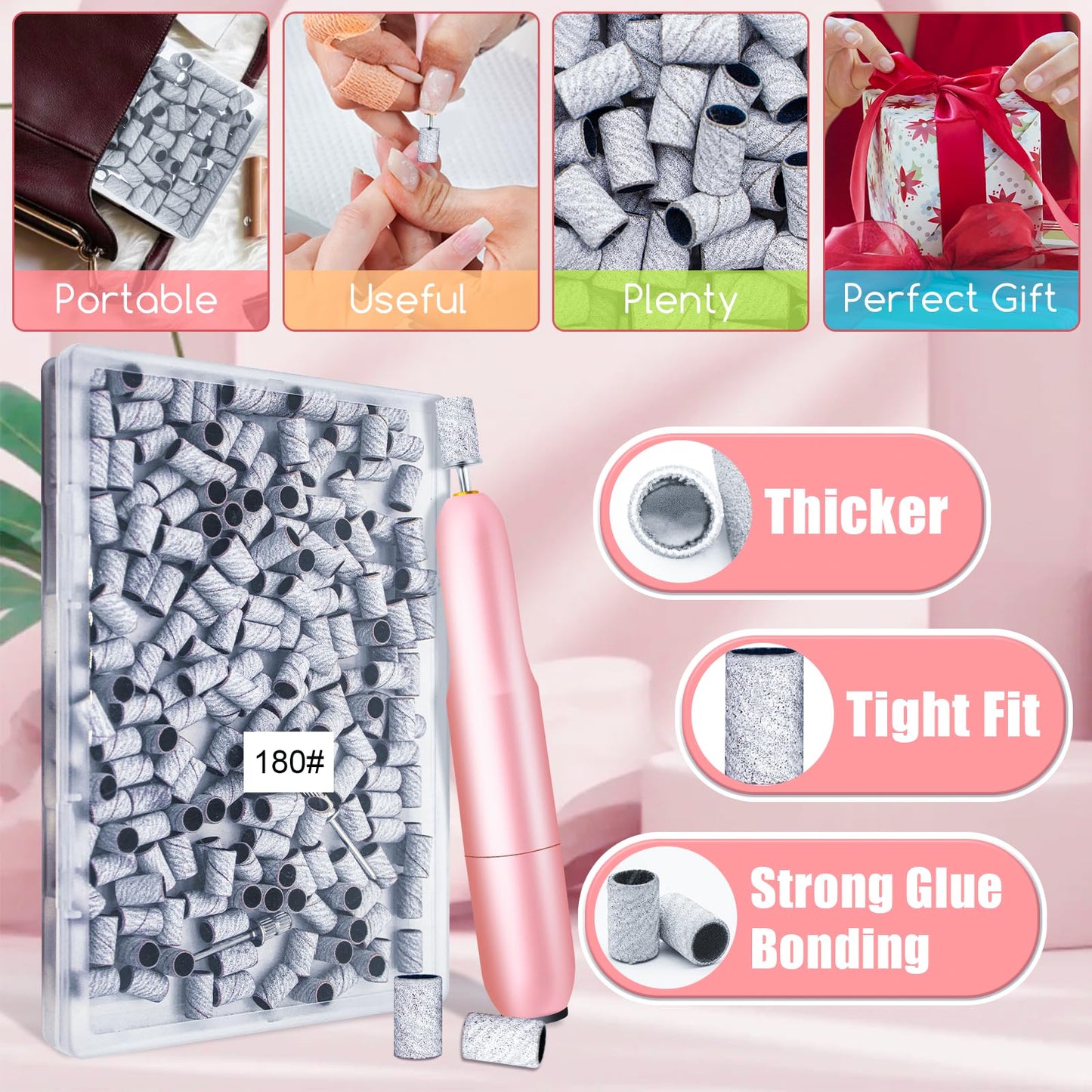 200Pcs Nails Sanding Band, 180 Grit Zebra Sanding Band for Nail Drill Fine Grit Sanding Bands with 3/32” Nail Sanding Bit for Natural, Gel Nail, Sand Band 180 Grit Set for Manicure & Pedicure